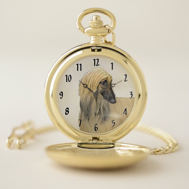 Afghan Hound Painting - Cute Original Dog Art Pocket Watch (Inside)