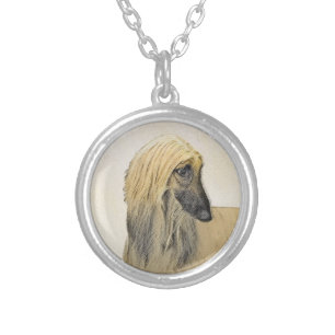 Afghan Hound Painting - Cute Original Dog Art Silver Plated Necklace