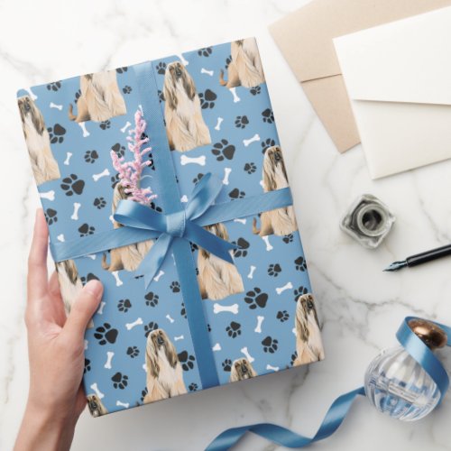 Afghan Hound Paw Print Pattern on Blue Wrapping Paper