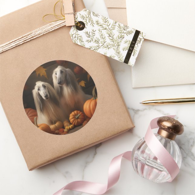 afghan hound Puppy Autumn Delight Pumpkin Classic Round Sticker (Gifting)