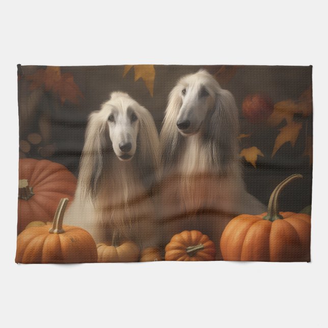 afghan hound Puppy Autumn Delight Pumpkin Kitchen Towel (Horizontal)
