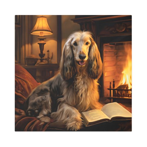 Afghan Hound Reading a Book Vintage Metal Print