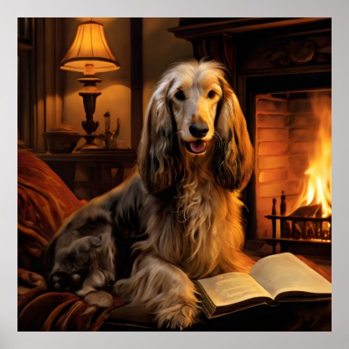 Afghan Hound Reading a Book Vintage Poster