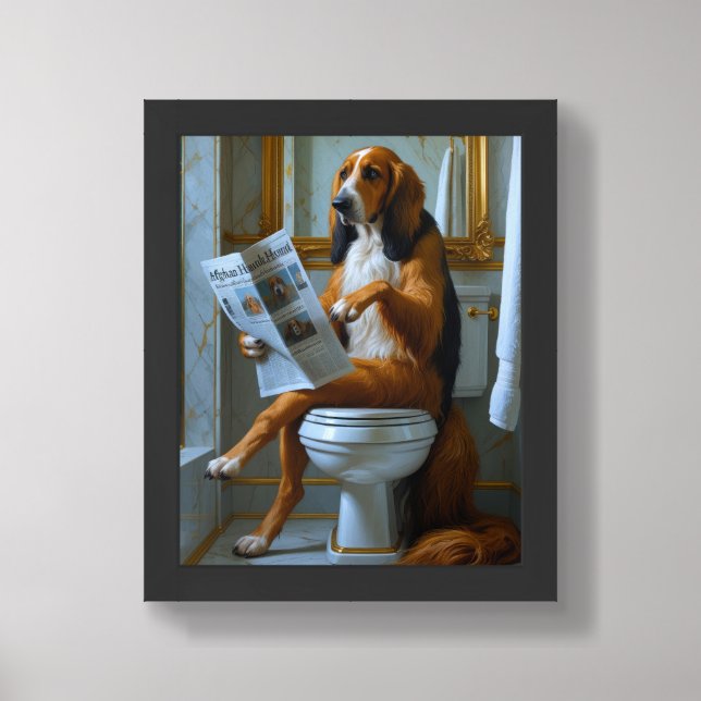 Afghan Hound Sitting On Toilet Funny  Framed Art (Framed Front)