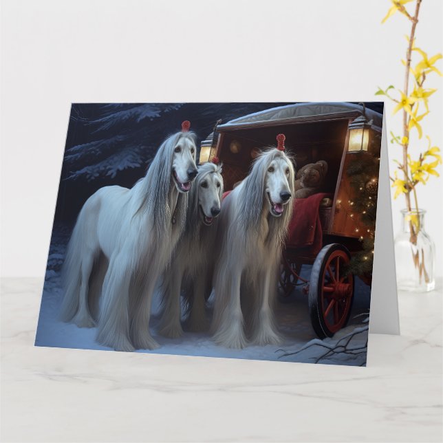 Afghan Hound Snowy Sleigh Ride Christmas Decor Card (Yellow Flower)