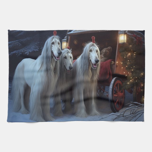 Afghan Hound Snowy Sleigh Ride Christmas Decor Kitchen Towel (Horizontal)