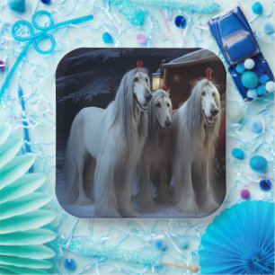 Afghan Hound Snowy Sleigh Ride Christmas Decor Paper Plates
