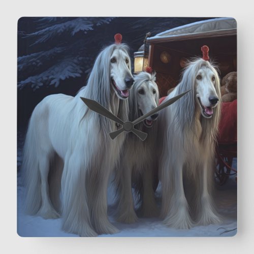 Afghan Hound Snowy Sleigh Ride Christmas Decor Square Wall Clock