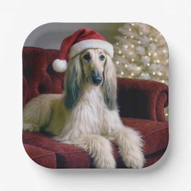 Afghan Hound Wearing a Santa Claus Hat Paper Plates (Front)