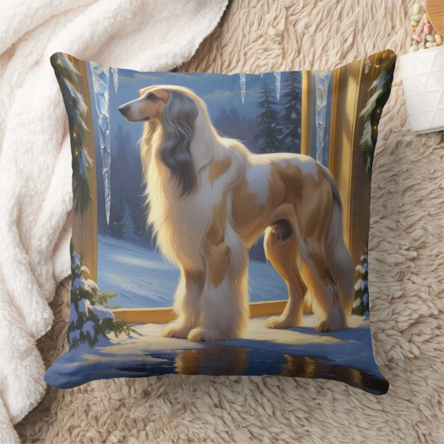 Afghan Hound With Christmas Lights Holiday Throw Pillow (Blanket)