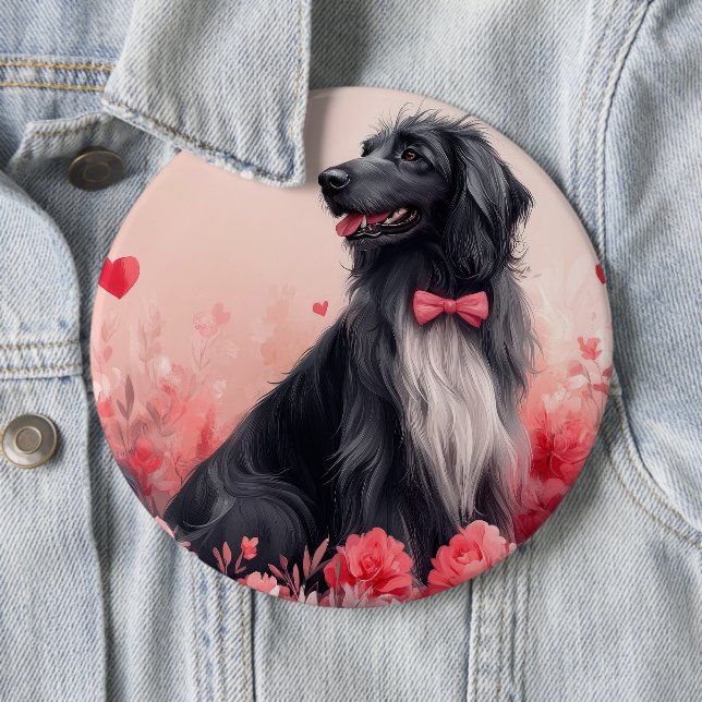 Afghan Hound with Roses - Valentine's Day  Button (In Situ)