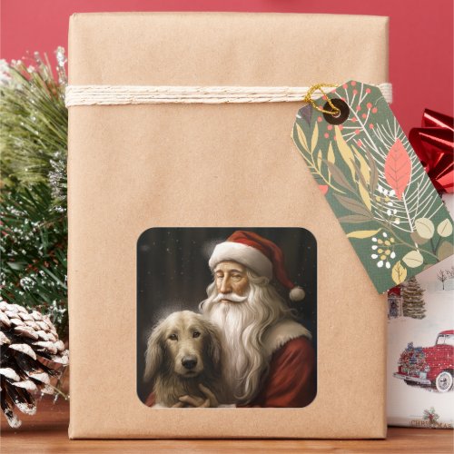 Afghan Hound with Santa Claus Festive Christmas Square Sticker