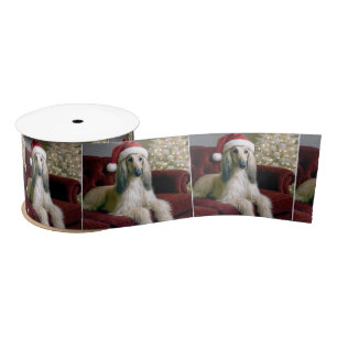 Afghan Hound With Santa Claus Hat Satin Ribbon