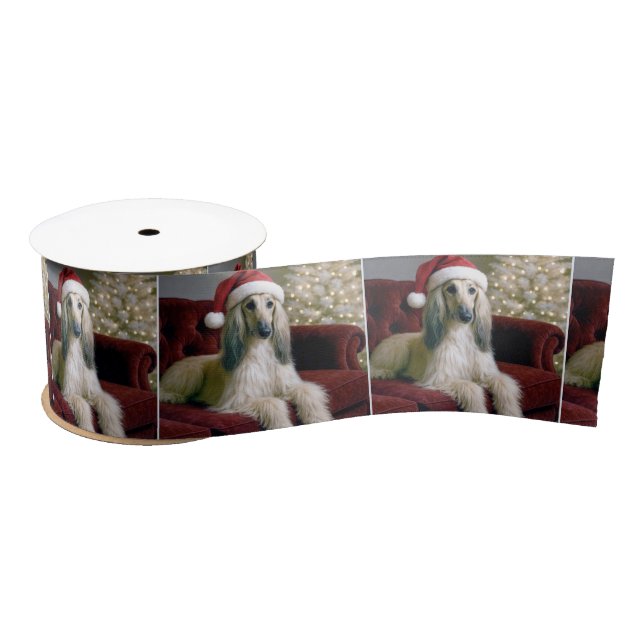 Afghan Hound With Santa Claus Hat Satin Ribbon (Spool)