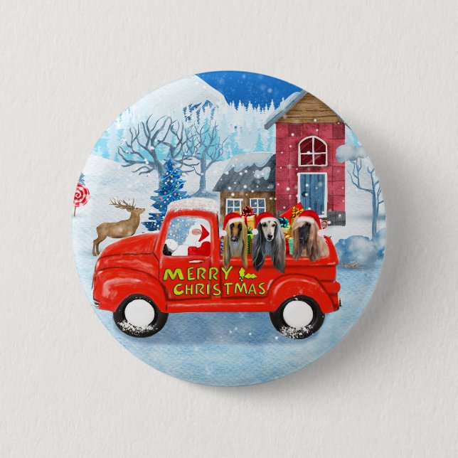 Afghan Hounds Dog in Christmas Delivery Truck Snow Button (Front)