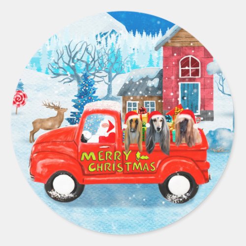 Afghan Hounds Dog in Christmas Delivery Truck Snow Classic Round Sticker