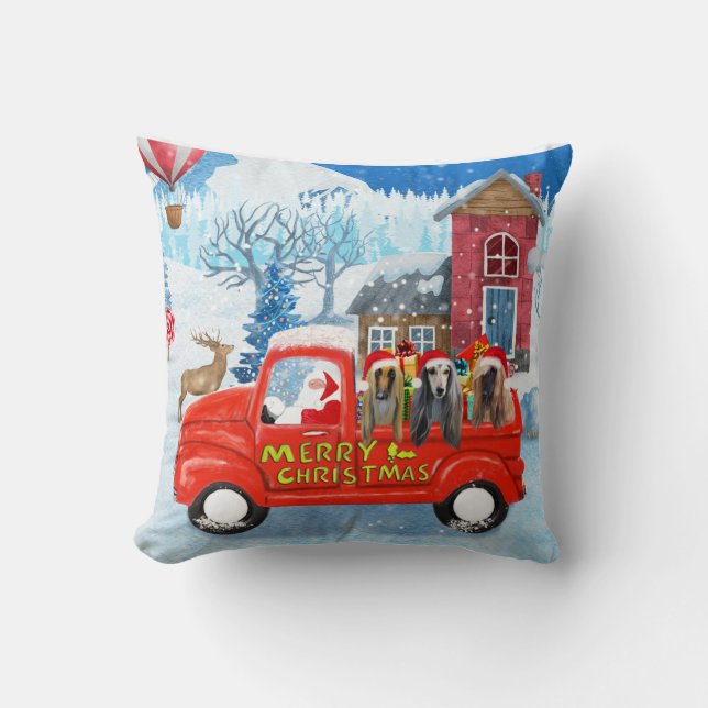Afghan Hounds Dog in Christmas Delivery Truck Snow Throw Pillow (Front)