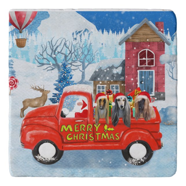 Afghan Hounds Dog in Christmas Delivery Truck Snow Trivet (Front)