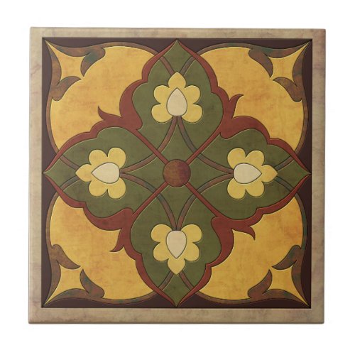 Afghani Pattern in Mustard Russet and Olive Green Tile