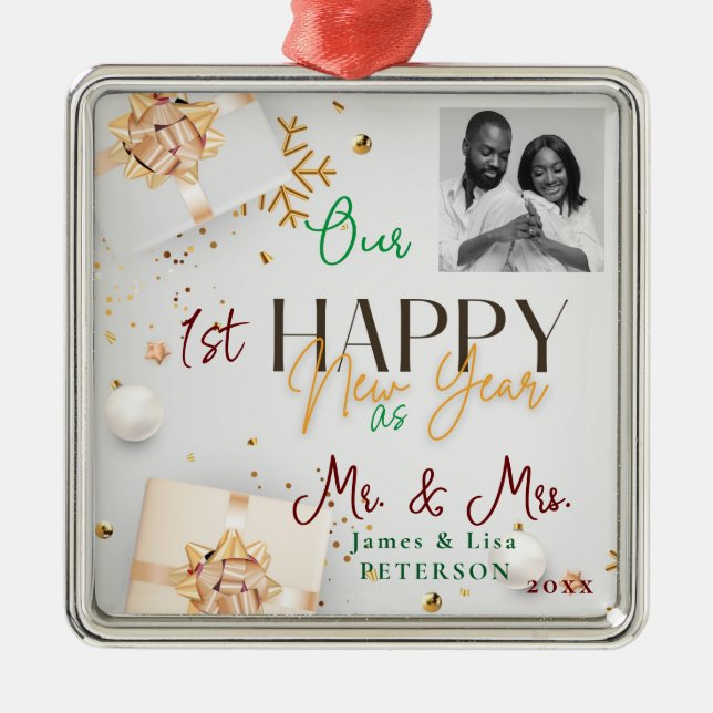 Afr. Amer. Our First Happy New Year as Mr. & Mrs. Metal Ornament (Front)