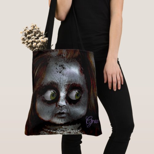 Afraid Doll Scary Halloween Monogram Tote Bag