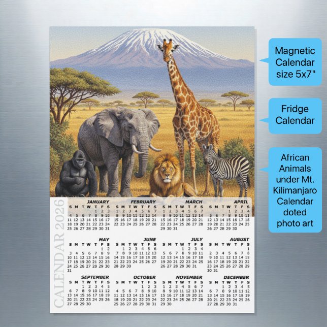 Africa 2026 Fridge Calendar, Animals, Kilimanjaro (African Animals Fridge Calendar 2026 / Mt Kilimanjaro)