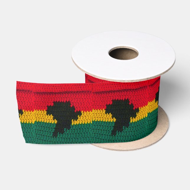Africa Black Red Gold Green Artisan Crochet Print Satin Ribbon (Spool)