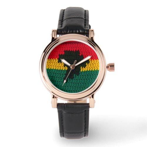 Africa Black Red Gold Green Crochet Print Leather Watch