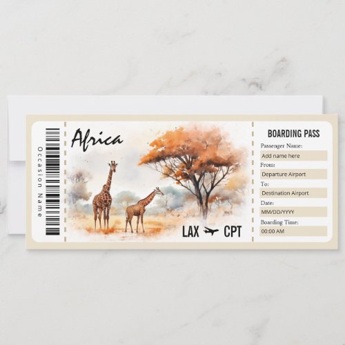 Africa Boarding Pass Gift Certificate Invitation