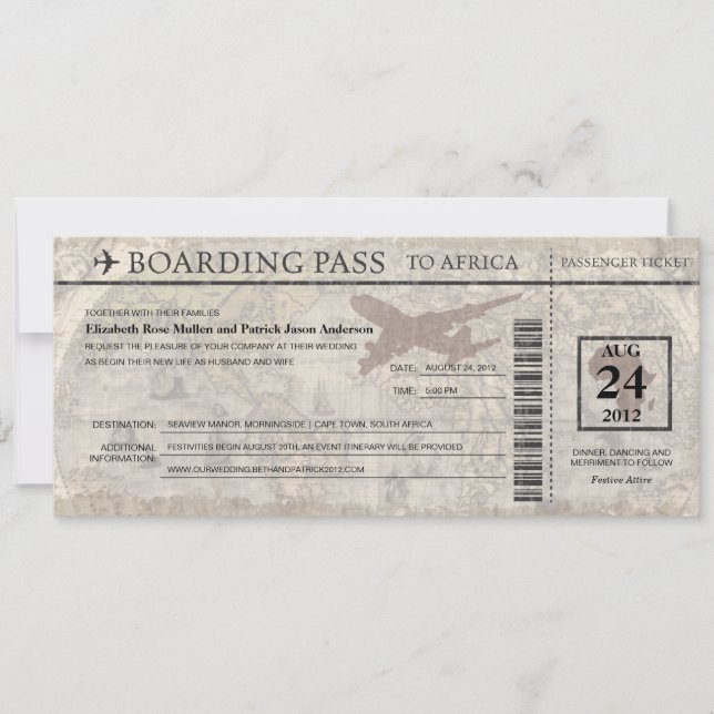Africa Boarding Pass Wedding  Invitation (Front)