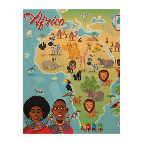 Africa Cartoon Map Wood Wall Art