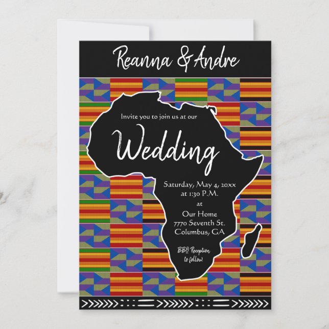 Africa Inspired Kente K48 Black Africa Wedding Invitation (Front)