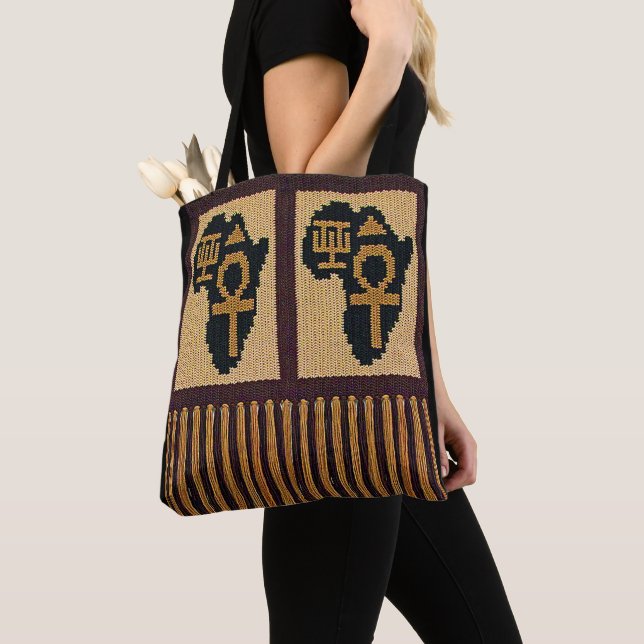 Africa Map Adinkra Ankh Artisan Crochet Print Tote Bag (Close Up)