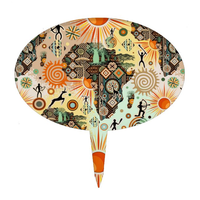 Africa Map Decorative Tribal Elements Pattern Cake Topper (Front)