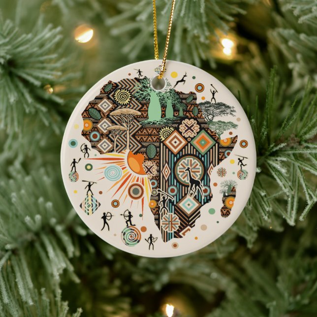 Africa Map Decorative Tribal Elements Pattern Ceramic Ornament (Tree)