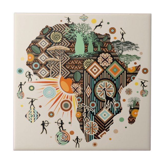 Africa Map Decorative Tribal Elements Pattern Ceramic Tile (Front)