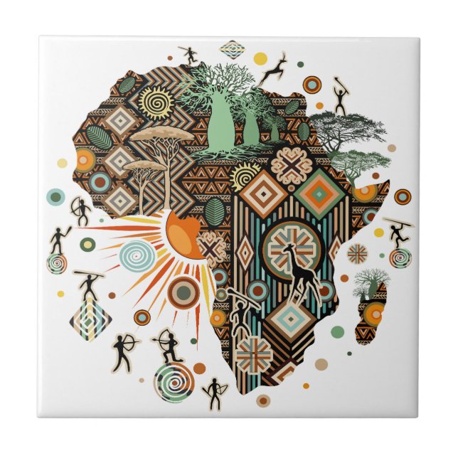 Africa Map Decorative Tribal Elements Pattern Ceramic Tile (Front)