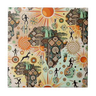 Africa Map Decorative Tribal Elements Pattern Ceramic Tile