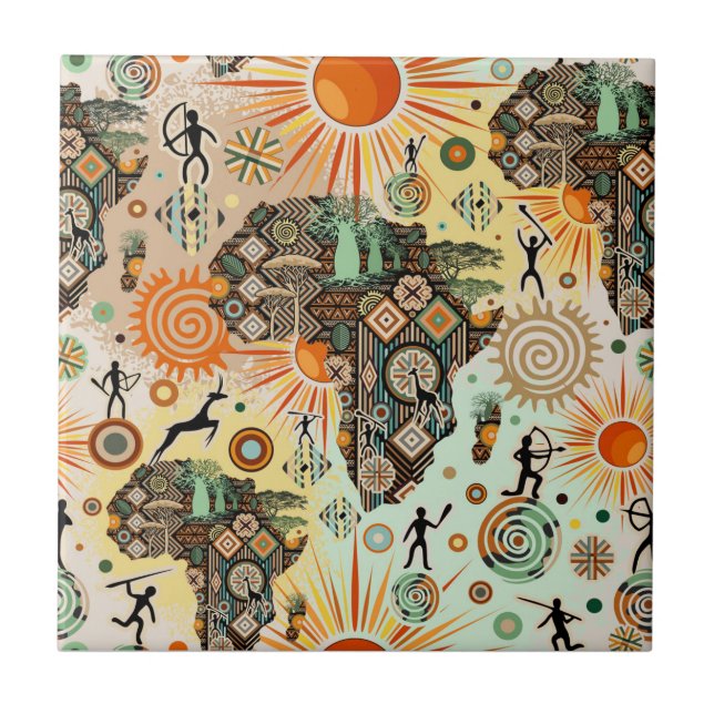Africa Map Decorative Tribal Elements Pattern Ceramic Tile (Front)