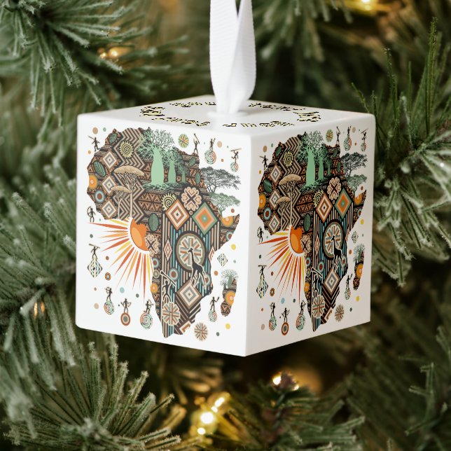 Africa Map Decorative Tribal Elements Pattern Cube Ornament (Tree)
