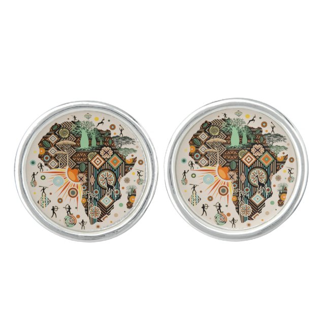 Africa Map Decorative Tribal Elements Pattern Cufflinks (Front)