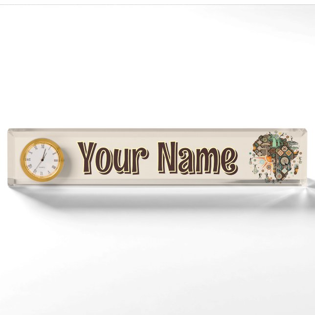 Africa Map Decorative Tribal Elements Pattern Desk Name Plate (Front)