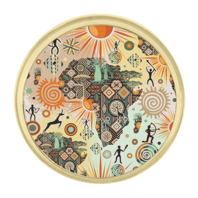 Africa Map Decorative Tribal Elements Pattern Gold Finish Lapel Pin (Front)