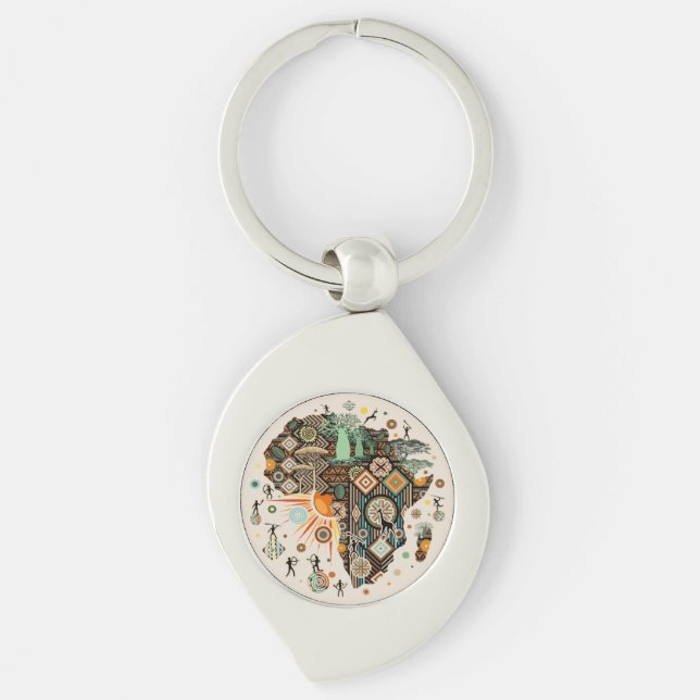 Africa Map Decorative Tribal Elements Pattern Keychain (Front)