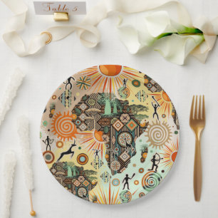 Africa Map Decorative Tribal Elements Pattern Paper Plates