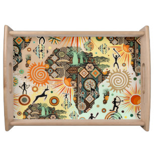 Africa Map Decorative Tribal Elements Pattern Serving Tray