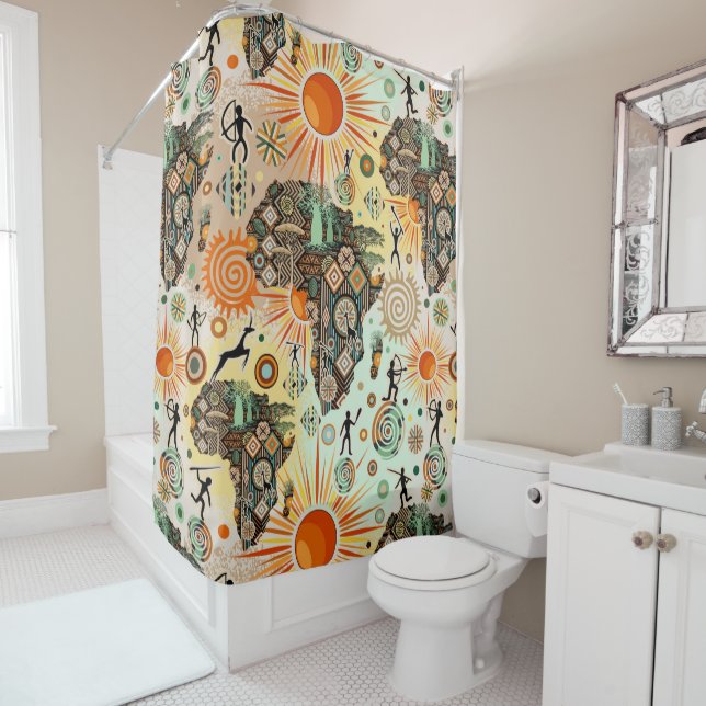 Africa Map Decorative Tribal Elements Pattern Shower Curtain (In Situ)