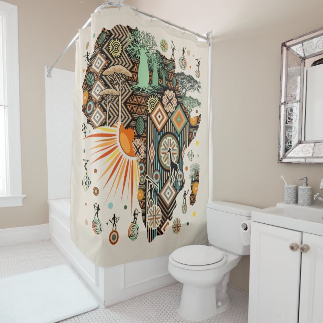 Africa Map Decorative Tribal Elements Pattern Shower Curtain (In Situ)