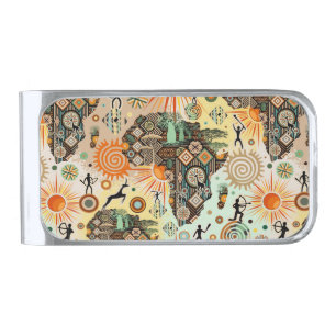 Africa Map Decorative Tribal Elements Pattern Silver Finish Money Clip