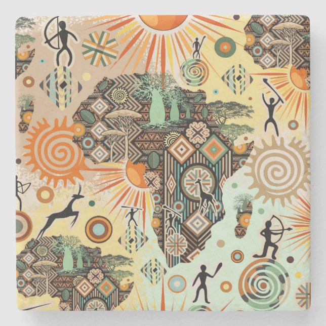 Africa Map Decorative Tribal Elements Pattern Stone Coaster (Front)